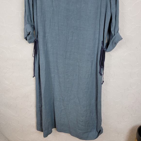 VTG Subtle Tones Linen Dress XS Blue Square Neck Side Ties Lagenlook Maxi - Picture 6 of 12